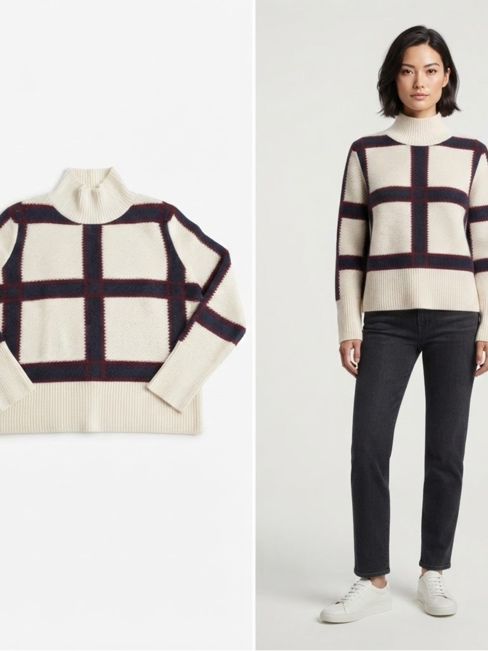 Akris Punto Cream Windowpane Turtleneck Sweater with Navy and Burgundy Grid 8